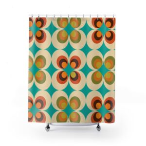 70's Retro Shower Curtain With Orange, Teal, Mustard Yellow, And Brown Mid-Century Design