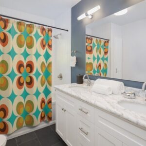 70's Retro Shower Curtain With Orange, Teal, Mustard Yellow, And Brown Mid-Century Design