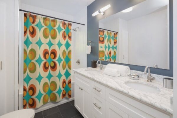 70's Retro Shower Curtain With Orange, Teal, Mustard Yellow, And Brown Mid-Century Design