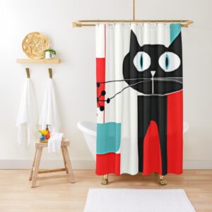 Atomic Cat, Cute Black Kitschy Kitty, Retro Mid Century Modern Bathroom Decor Aqua Blue, Red, White,Shower Curtain
