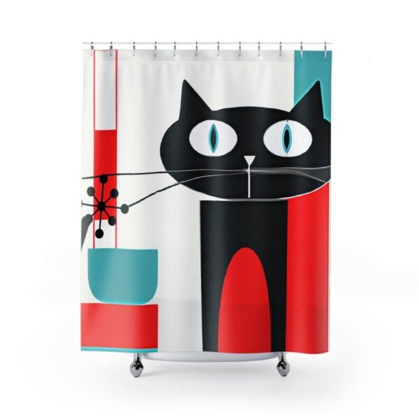 Atomic Cat, Cute Black Kitschy Kitty, Retro Mid Century Modern Bathroom Decor Aqua Blue, Red, White,Shower Curtain