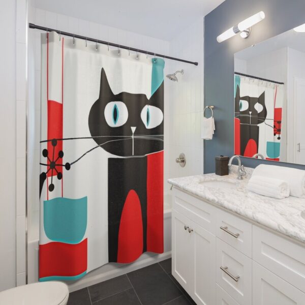 Atomic Cat, Cute Black Kitschy Kitty, Retro Mid Century Modern Bathroom Decor Aqua Blue, Red, White,Shower Curtain