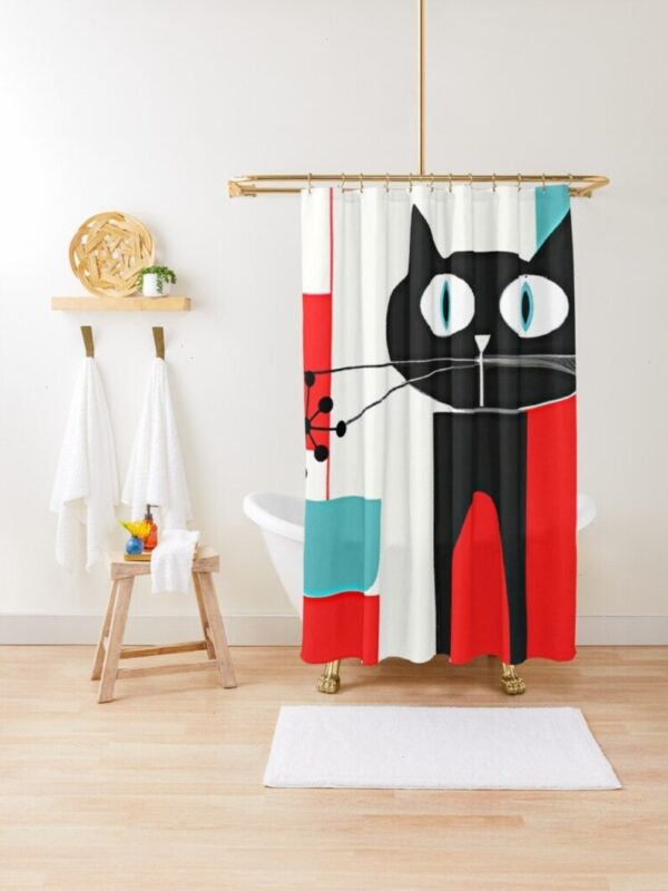 Atomic Cat, Cute Black Kitschy Kitty, Retro Mid Century Modern Bathroom Decor Aqua Blue, Red, White,Shower Curtain