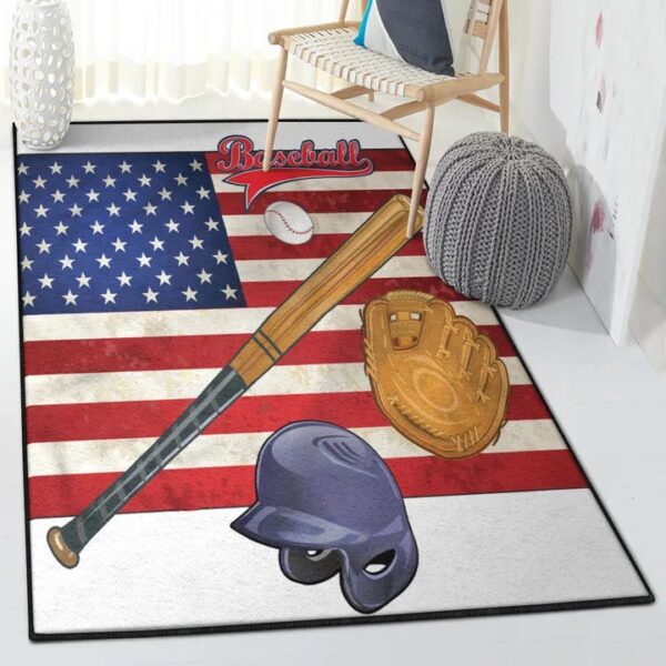 Baseball America Large Living Room Rugs, Baseball Tools On American Flag Rug
