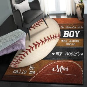 Baseball America Modern Area Rugs, This Boy Stole My Heart He Calls Me Mimi Baseball Rug
