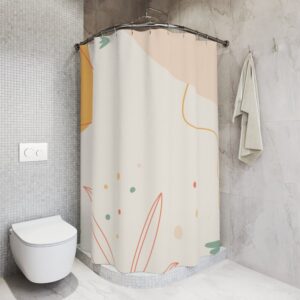 Boho Abstract Flowers Shower Curtain, Modern OrangeMid Century Modern Shower Curtain, Minimalist Leaf Home Art