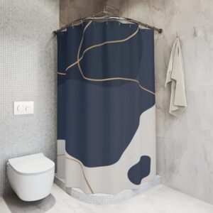 Boho Blue Gold Abstract Pattern Shower Curtain, Minimalist Mint Home Art