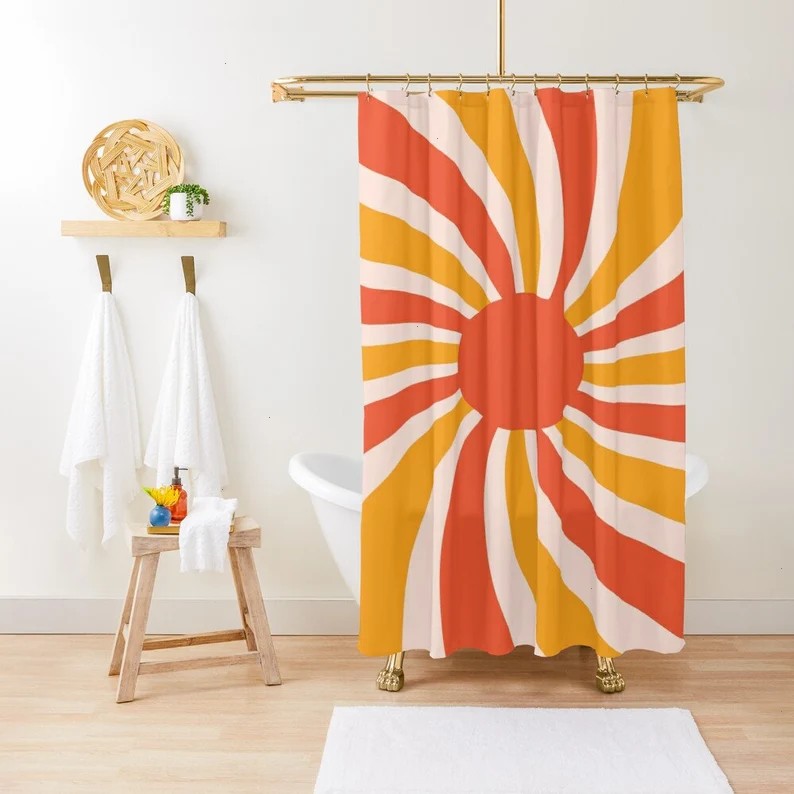Boho Mid-Century Sunset Abstract Shower Curtain, Eco-Friendly Waterproof Home Decor
