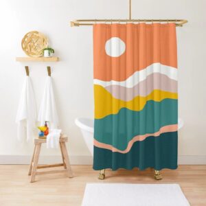 Boho Sunset Shower Curtain, Eco-Friendly Waterproof Abstract Decor, Mid-Century Vintage Sun