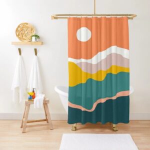 Boho Sunset Shower Curtain, Eco-Friendly Waterproof Abstract Decor, Mid-Century Vintage Sun