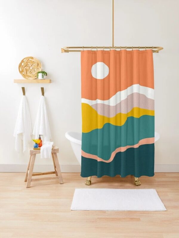 Boho Sunset Shower Curtain, Eco-Friendly Waterproof Abstract Decor, Mid-Century Vintage Sun