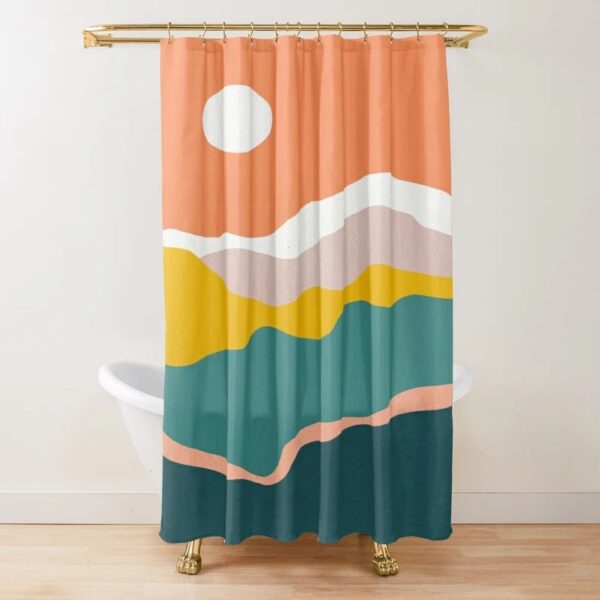 Boho Sunset Shower Curtain, Eco-Friendly Waterproof Abstract Decor, Mid-Century Vintage Sun