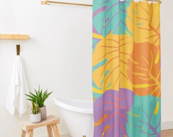 Botanic Shower Curtain, Boho Colorful Curtain, Floral Bathroom Decor, Flowers Mid Century Modern Shower Curtain