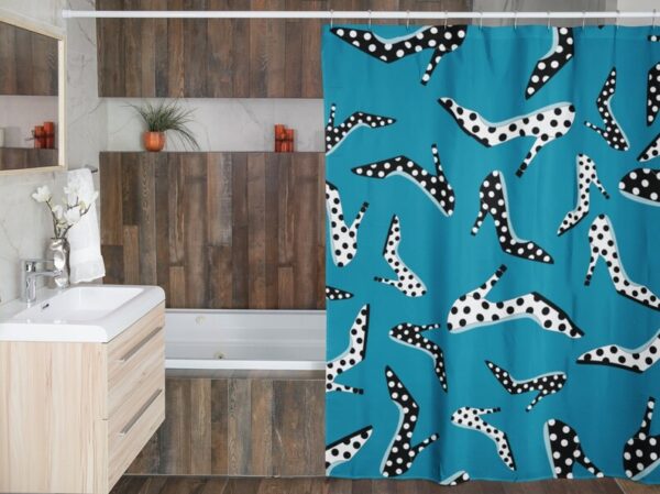 High Heel Shoes Shower Curtain, Housewarming Present New Home, Polka Dots Bathroom Accessories, Feminine Bathroom Decor