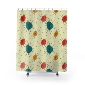 Mid Century Modern Atomic Shower Curtain With Starburst Of Colors, Retro Design