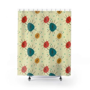 Mid Century Modern Atomic Shower Curtain With Starburst Of Colors, Retro Design