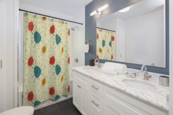 Mid Century Modern Atomic Shower Curtain With Starburst Of Colors, Retro Design