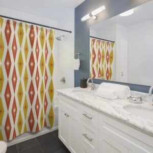 Mid Century Modern Shower Curtain With Atomic Diamonds Design, Mcm Bathroom Accessory