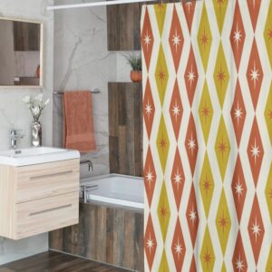 Mid Century Modern Shower Curtain With Atomic Diamonds Design, Mcm Bathroom Accessory