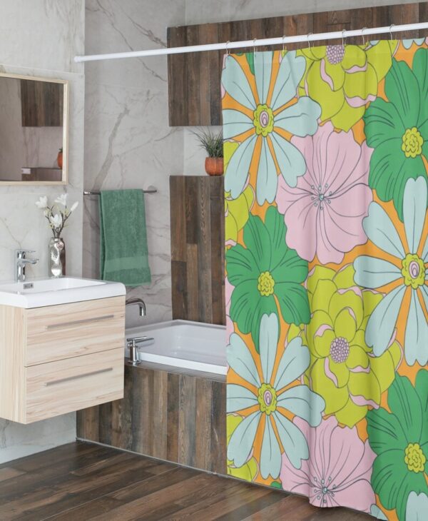 Personalized Retro Tropical Flowers Shower Curtain For 60's 70's Hippie Bathroom Decor