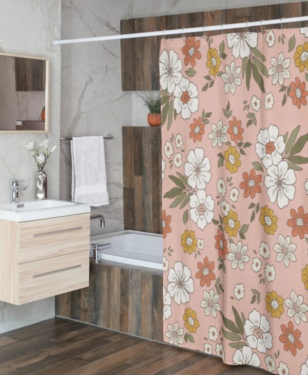 Retro Boho 1970's Flower Shower Curtain, Groovy Housewarming Gift For 70's Bathroom Decor