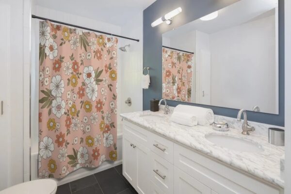 Retro Boho 1970's Flower Shower Curtain, Groovy Housewarming Gift For 70's Bathroom Decor