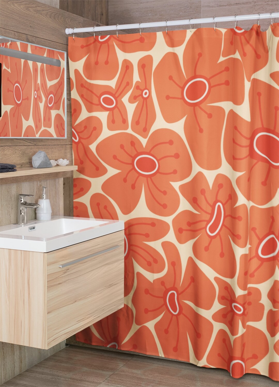 Retro Flowers Shower Curtain, Groovy 60's 70's Hippie Shower Accessory Home Decor