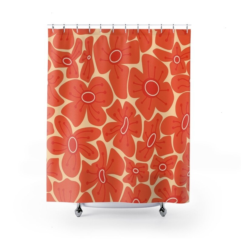 Retro Flowers Shower Curtain, Groovy 60's 70's Hippie Shower Accessory Home Decor