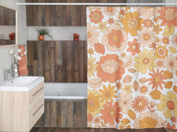 Retro Flowers Shower Curtain, Groovy 60's 70's Hippie Shower Accessory, Retro Bathroom Curtain Home Decor