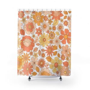 Retro Flowers Shower Curtain, Groovy 60's 70's Hippie Shower Accessory, Retro Bathroom Curtain Home Decor