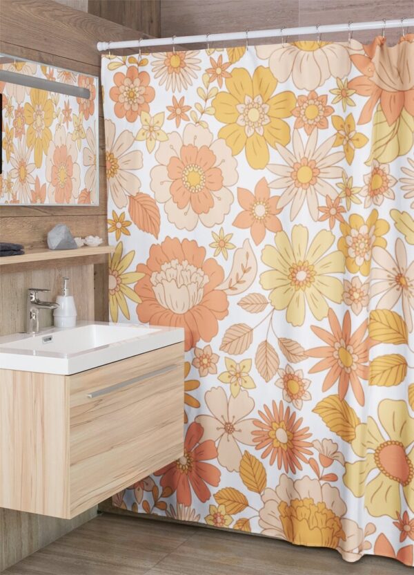 Retro Flowers Shower Curtain, Groovy 60's 70's Hippie Shower Accessory, Retro Bathroom Curtain Home Decor