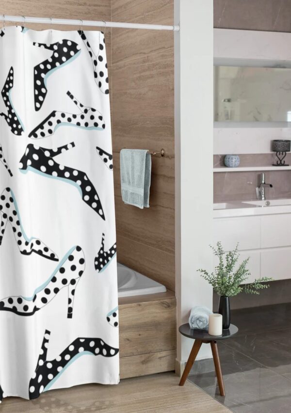 Retro Shoe Shower Curtain With Polka Dots, Feminine Housewarming Present For Bathroom