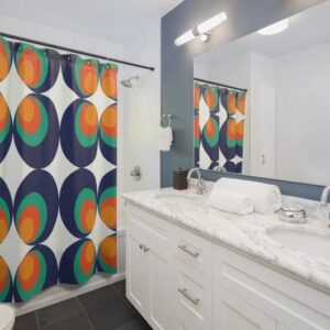 Retro Shower Curtain, Retro Shower Curtain, Retro 70's Groovy Orb Blue Orange White Mid Modern Hipster Shower Curtain