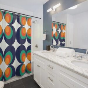 Retro Shower Curtain, Retro Shower Curtain, Retro 70's Groovy Orb Blue Orange White Mid Modern Hipster Shower Curtain