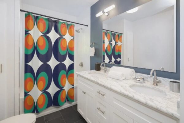 Retro Shower Curtain, Retro Shower Curtain, Retro 70's Groovy Orb Blue Orange White Mid Modern Hipster Shower Curtain