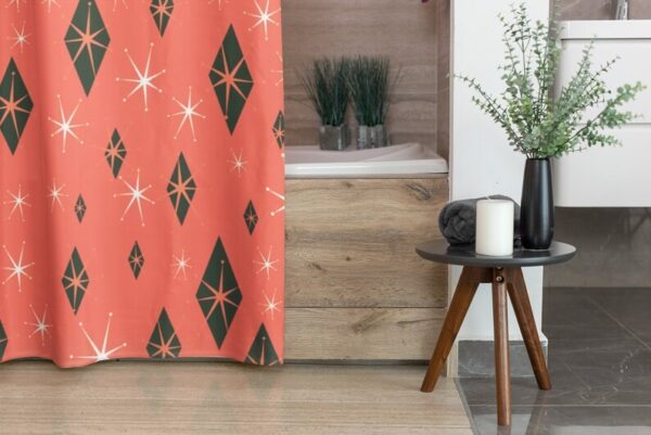 Salmon Mid Century Modern Inspired Shower Curtain, Retro 50's Bathroom Accessories