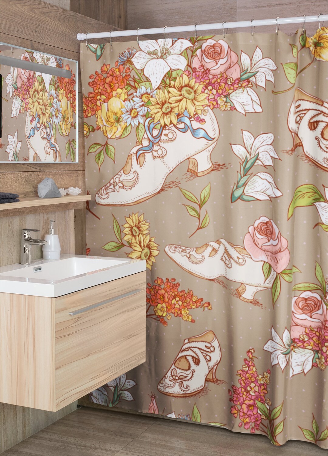 Vintage Shoe Shower Curtain, Retro Housewarming Present For Feminine Bathroom Decor