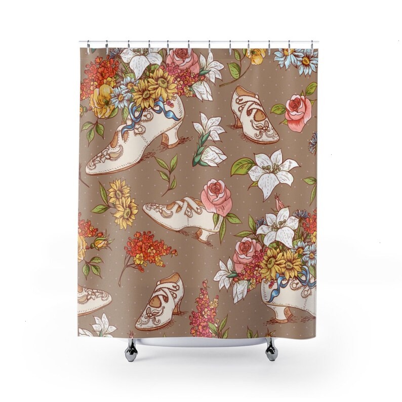 Vintage Shoe Shower Curtain, Retro Housewarming Present For Feminine Bathroom Decor