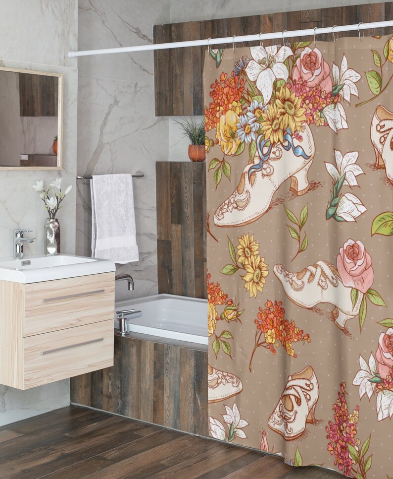 Vintage Shoe Shower Curtain, Retro Housewarming Present For Feminine Bathroom Decor
